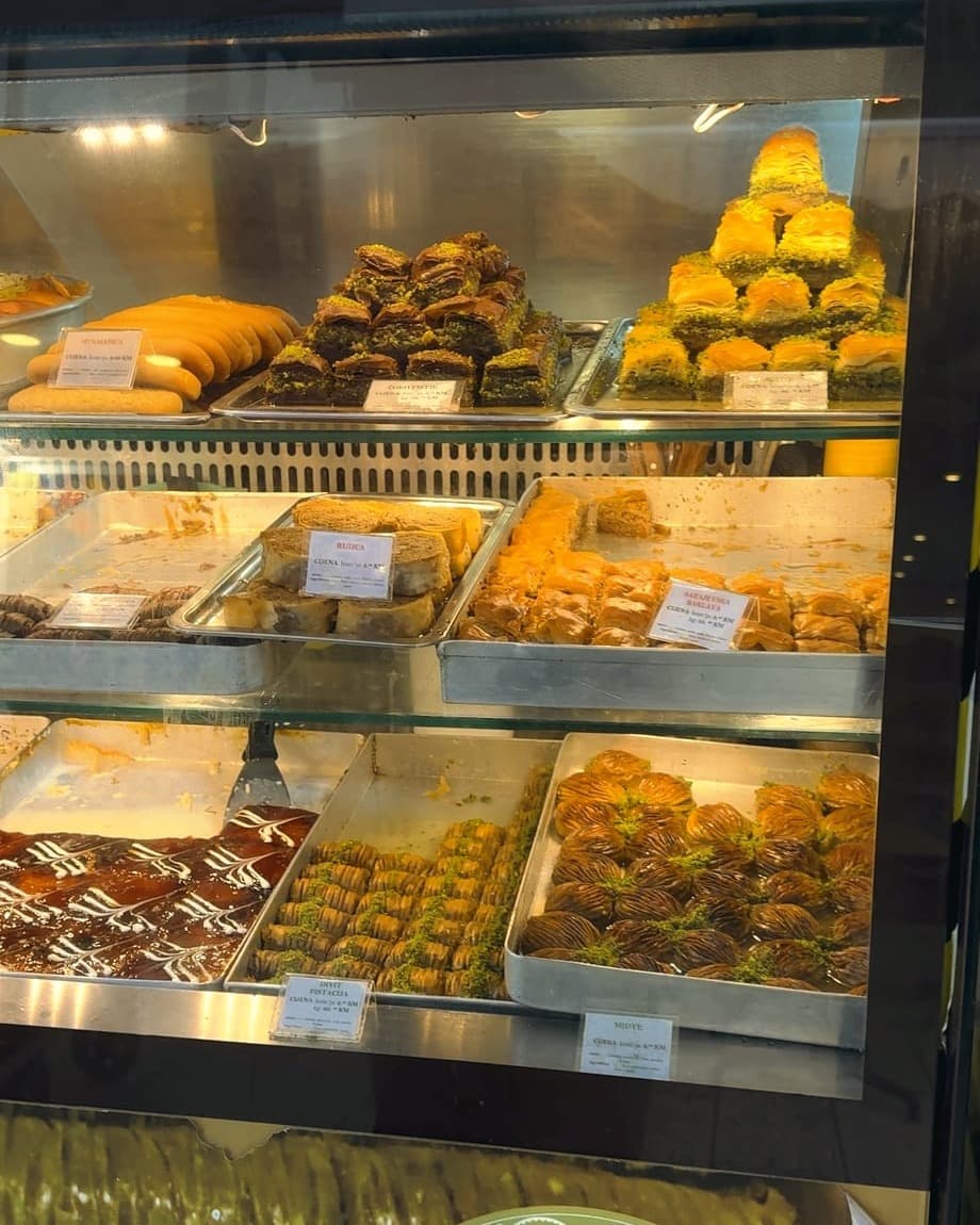 The counter, stacked with baklava and Turkish delight