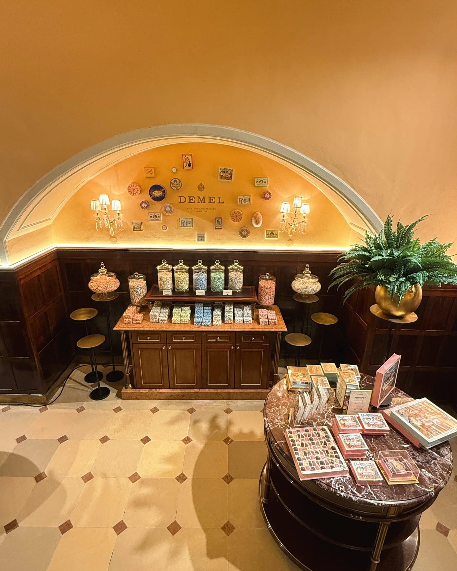 Inside Demel, the counters lined with cakes and sweets