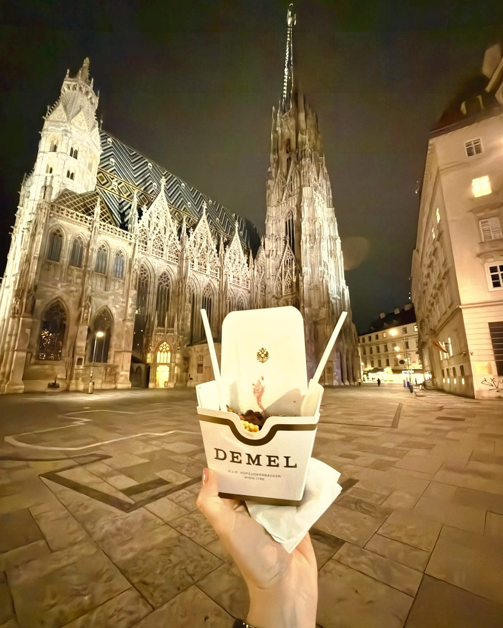 A Demel box of Kaiserschmarrn held up in front of St. Stephen's Cathedral at night