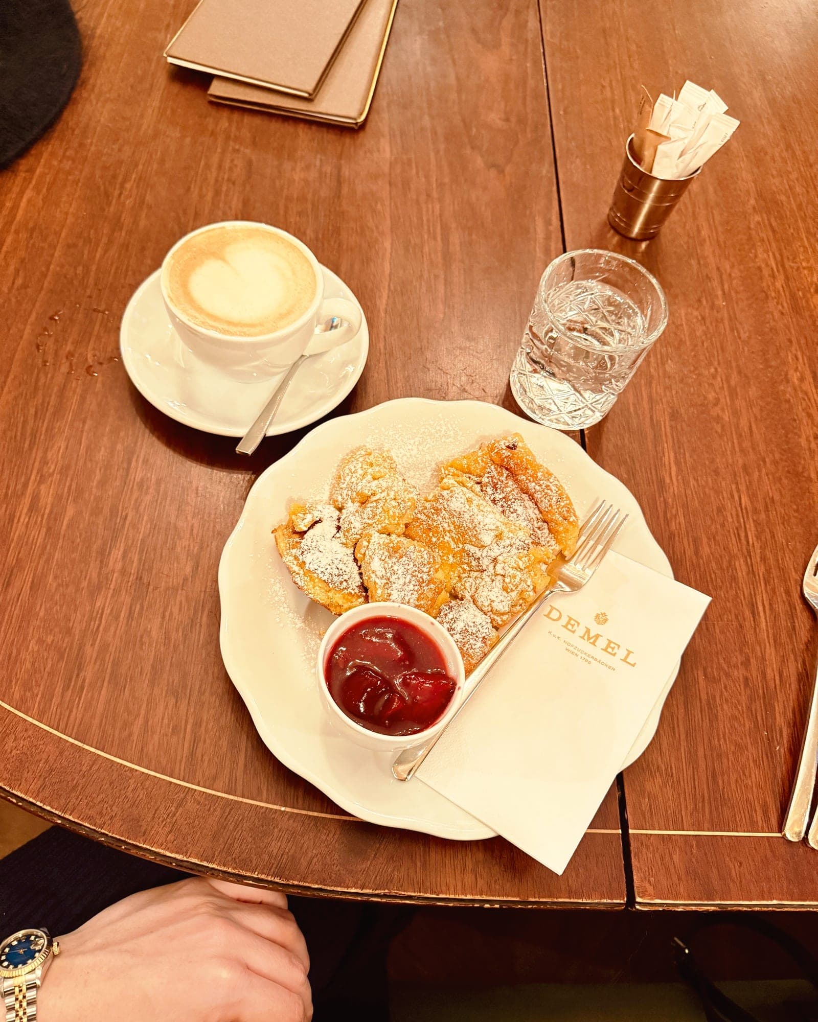Kaiserschmarrn with plum compote and a Wiener Melange at Demel