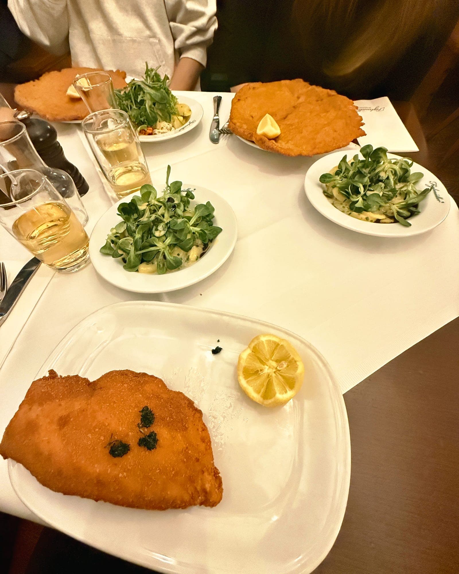 Two schnitzels with green salad and wine on the table at Figlmüller